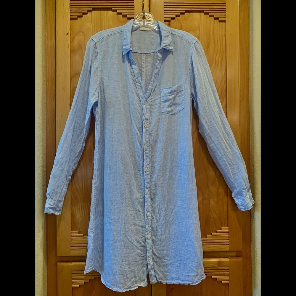 CP SHADES Linen Button-Up DRESS/DUSTER. Small. Light Blue Stripe